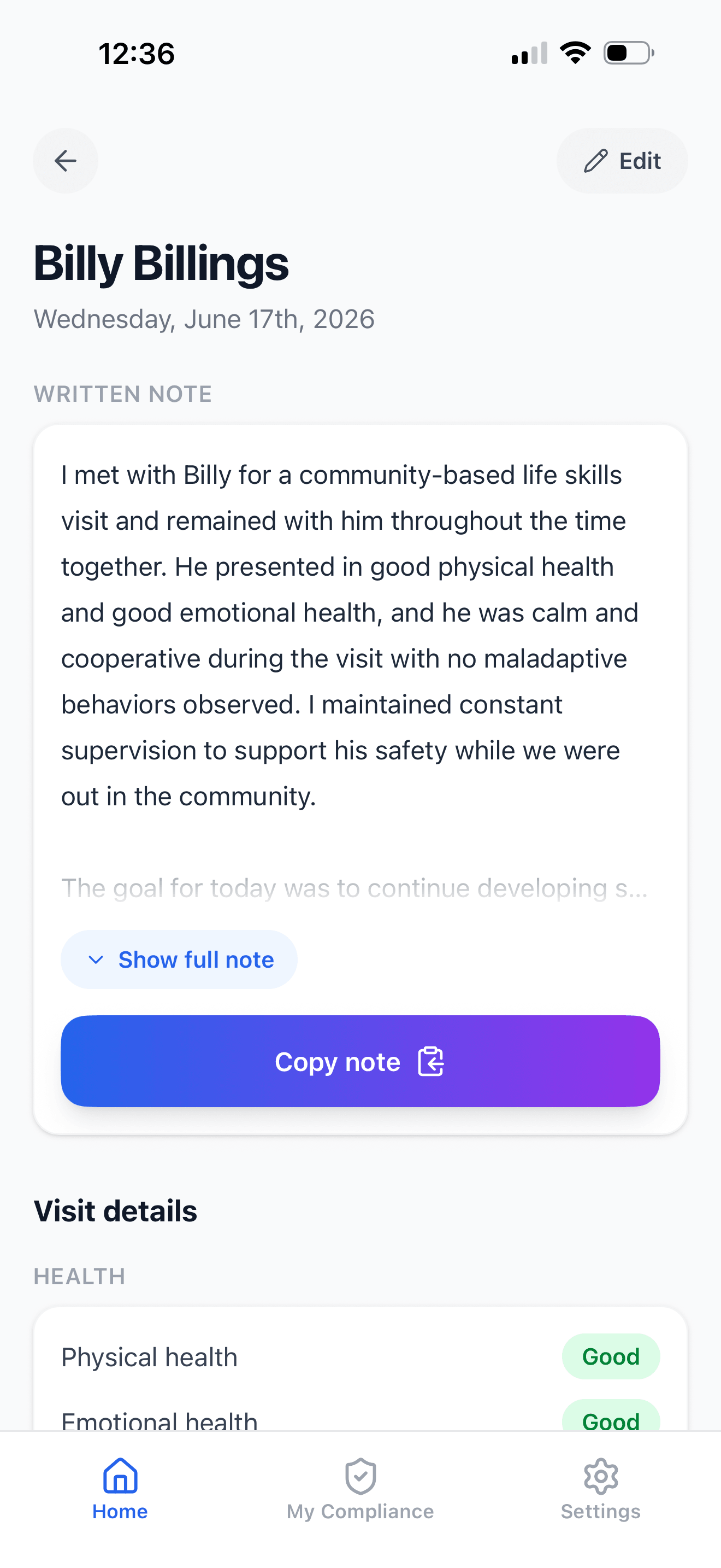 A finished visit note written by AI, with a Copy note button