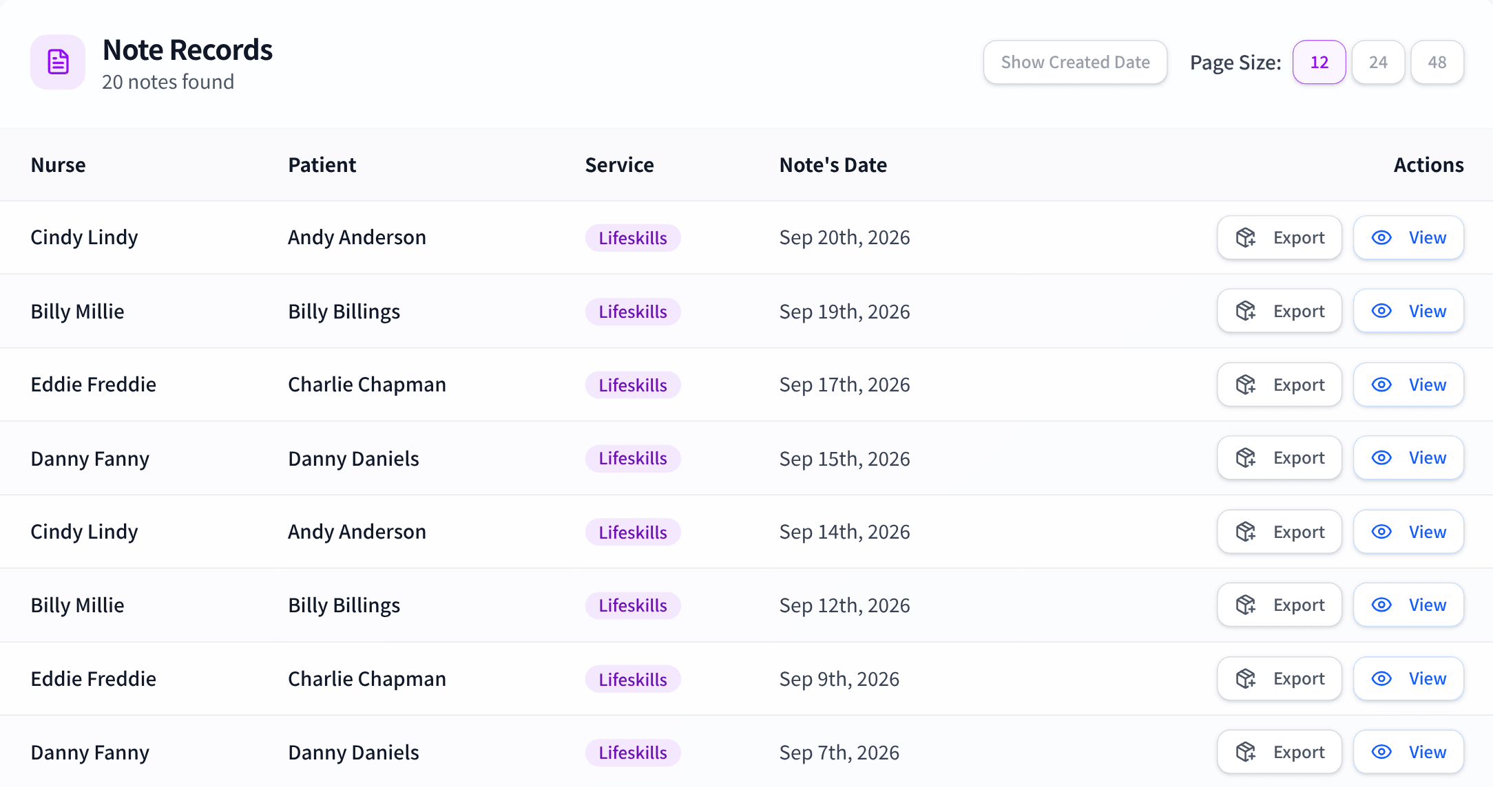 The Noted web app's note records: each row a visit note with its nurse, patient, service, and date